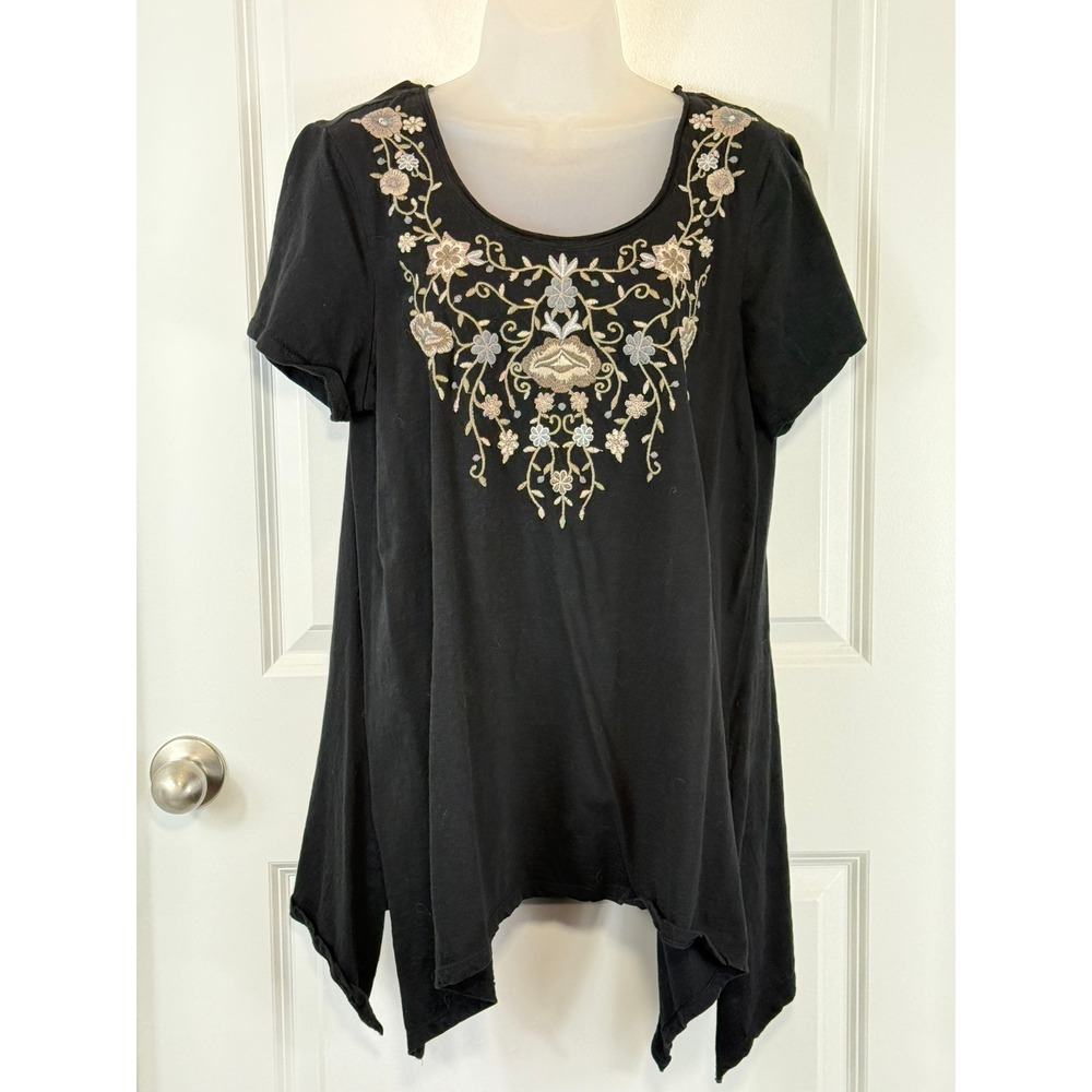 Terre Bleue‎ Black Embroidered Floral Tunic Top Short Sleeve Women's Size L